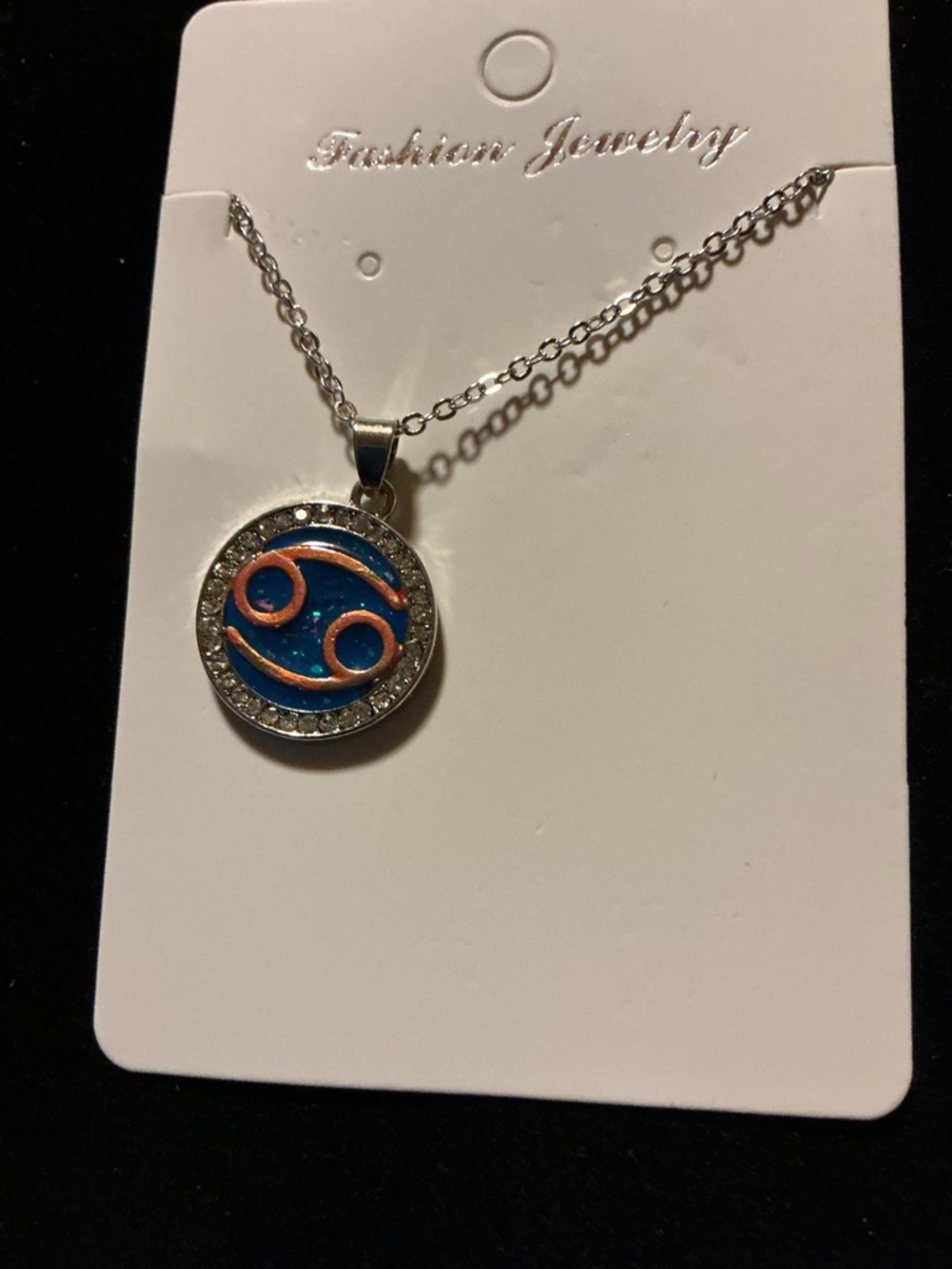 Cancer Zodiac Necklace Blue Round Pendant Rhinestone Accen - Picture 4 of 4